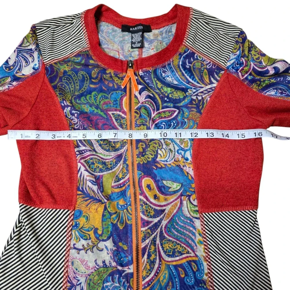 Kaktus Zip Up Cardigan Sweater Jacket M Patchwork Paisley Stripe Boho Artsy‎ M
